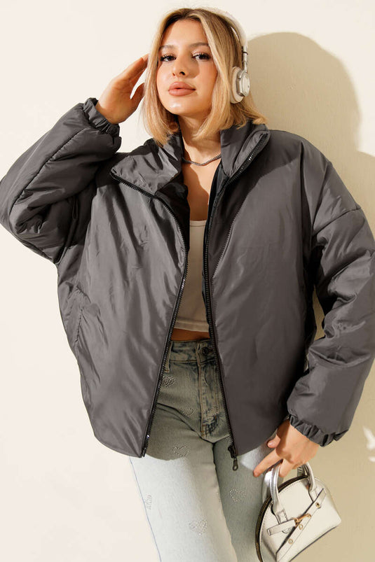 Chaqueta corta acolchada con cremallera, gris humo