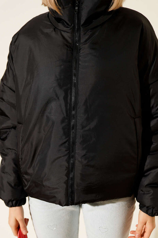 جاكيت قصير مبطن بسحاب، أسود