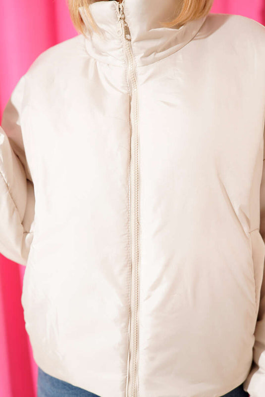 جاكيت قصير مبطن بسحاب، لون حجري