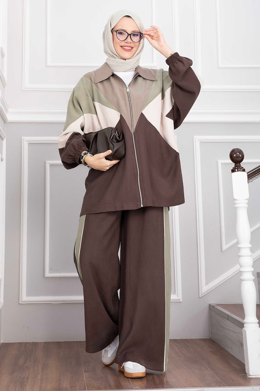 Completo Giacca Sport Con Zip E Pantaloni Marroni