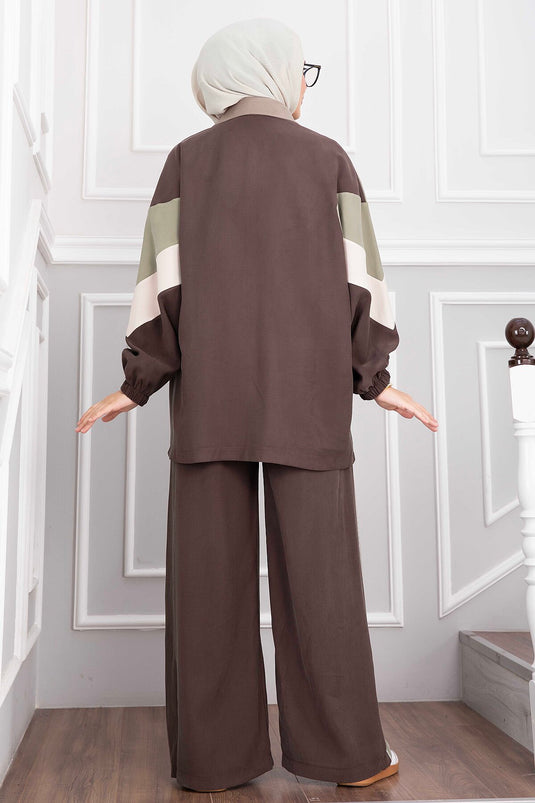 Completo Giacca Sport Con Zip E Pantaloni Marroni