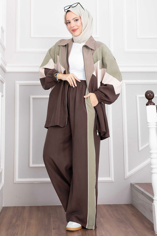 Completo Giacca Sport Con Zip E Pantaloni Marroni