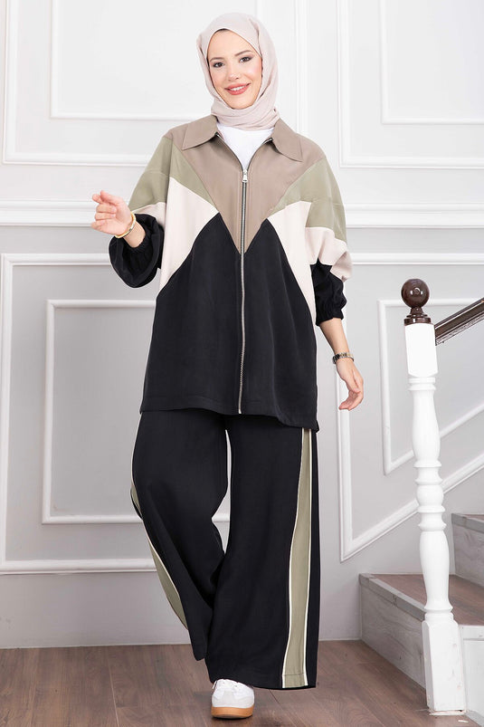 Zippered Sports Jacket And Pants Set Black