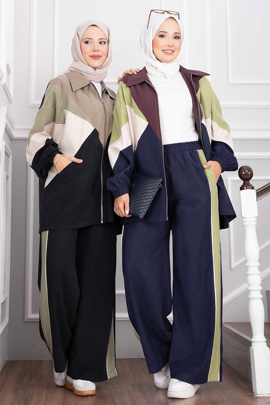 Zippered Sports Jacket And Pants Set Black
