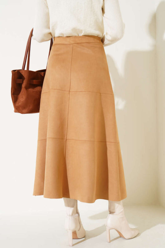 Reißverschluss Wildleder Glockenrock Kamel