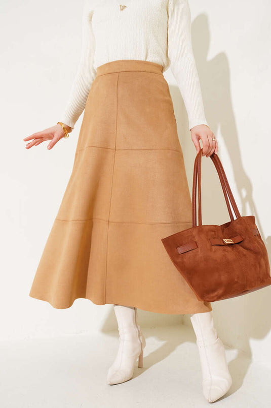 Fermuarlı Süet Kloş Etek Camel