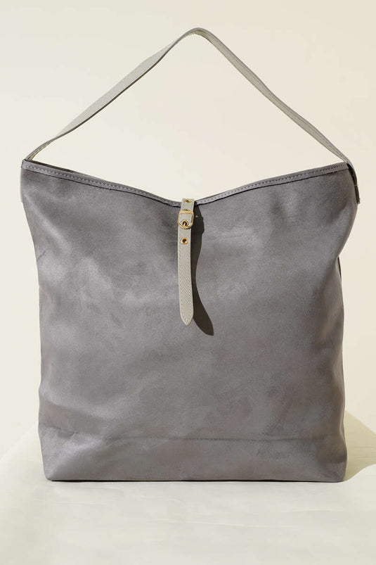 حقيبة يد من الجلد المدبوغ بسحاب رمادي
