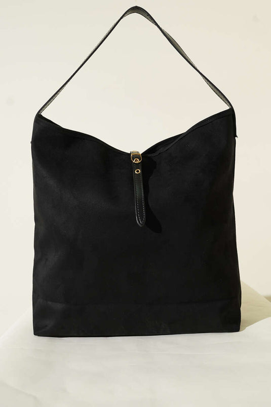 Black Suede Shoulder Bag with Zipper