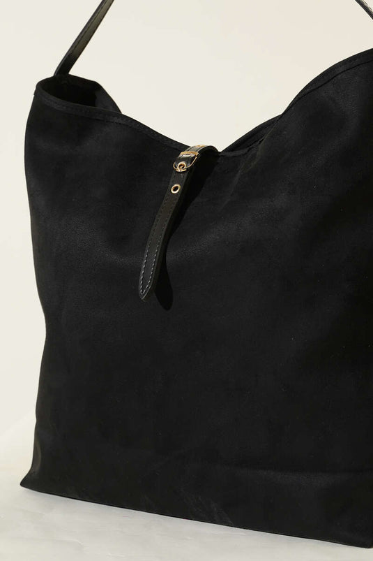 Black Suede Shoulder Bag with Zipper