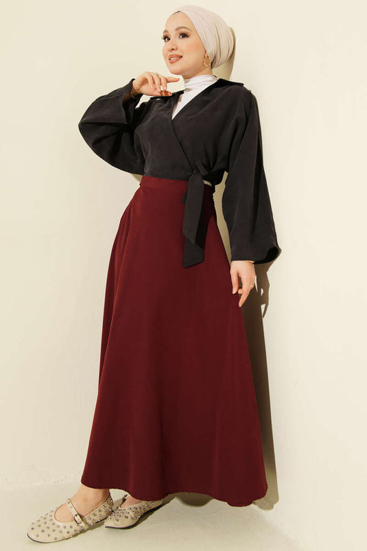 Fermuarlı Tensel Kloş Etek Bordo