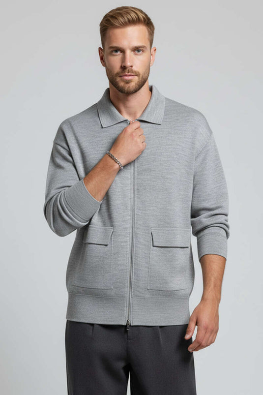 Cardigan homme en tricot avec fermeture éclair gris
