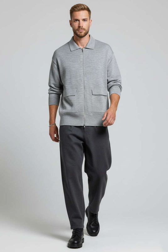 Cardigan homme en tricot avec fermeture éclair gris