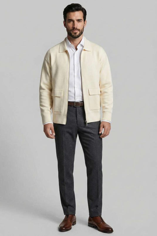 سترة رجالية محبوكة بسحاب باللون الكريم