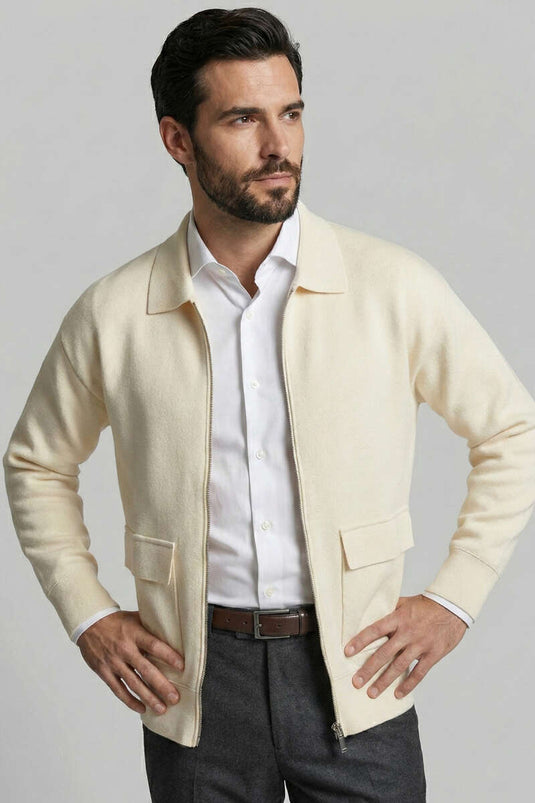 سترة رجالية محبوكة بسحاب باللون الكريم
