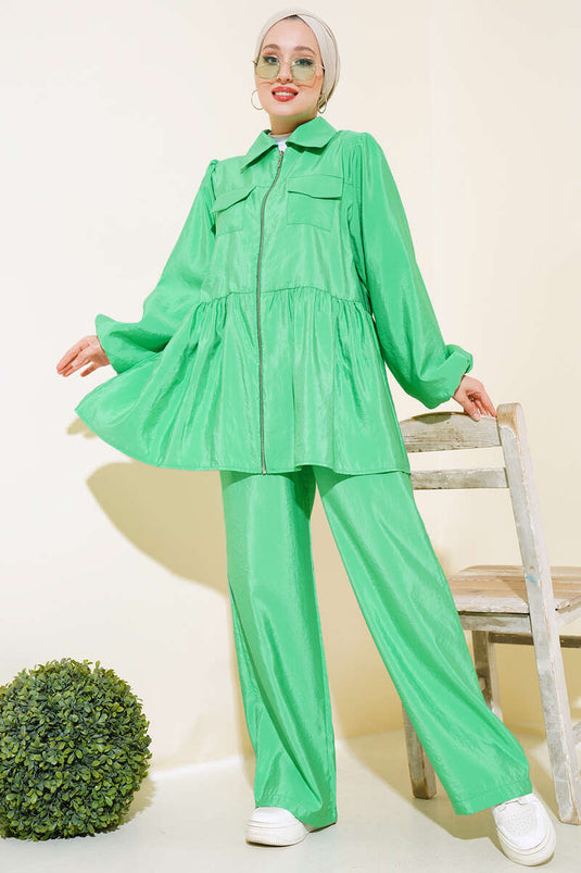 Zippered Tunic Two-Piece Set Green