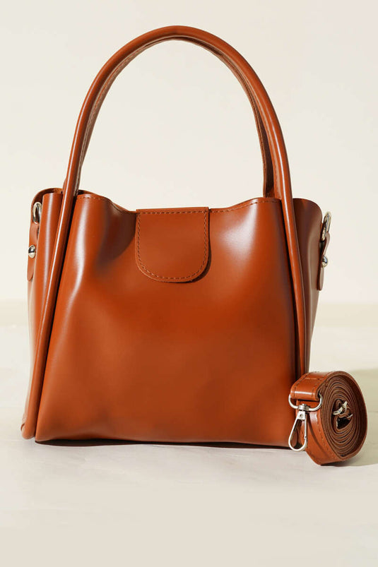 Zippered Three Compartment Handle Bag Tan