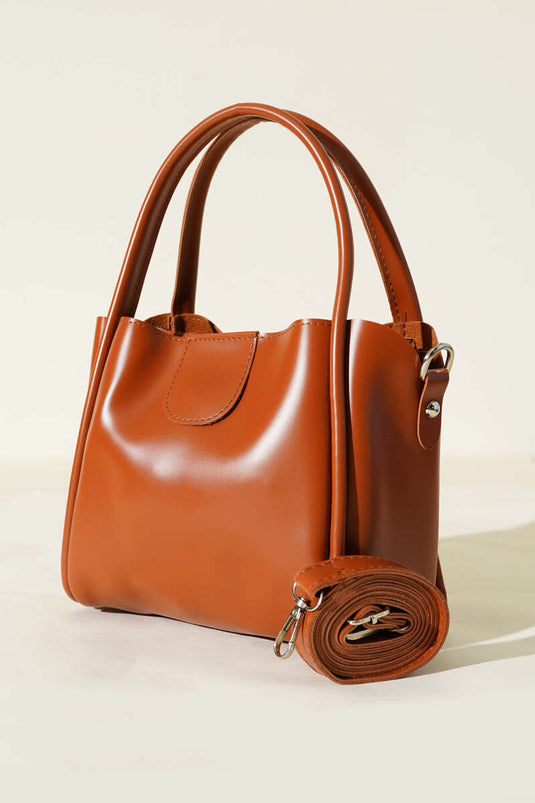 Zippered Three Compartment Handle Bag Tan