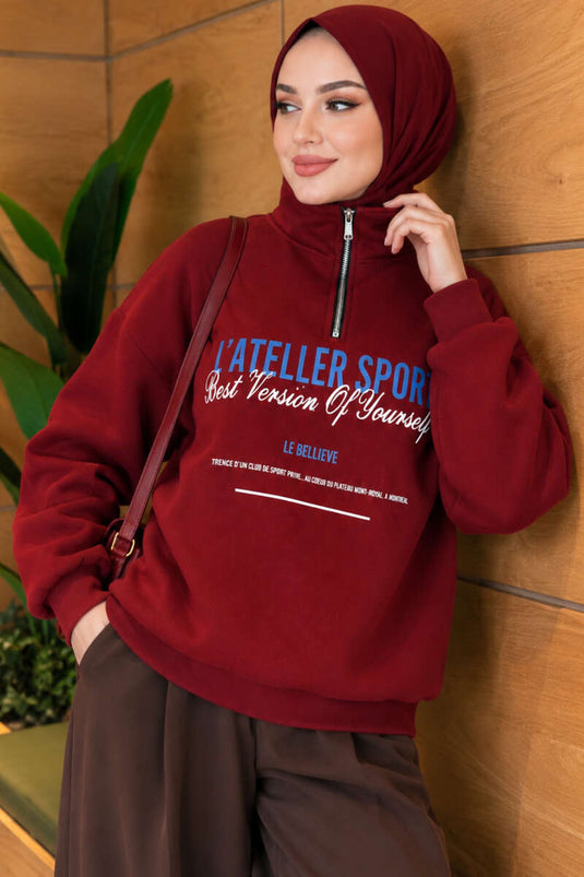 Dreilagiger Bedruckter Sweatshirt Mit Reißverschluss Burgund