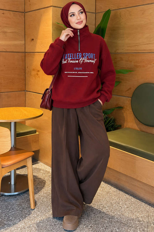 Dreilagiger Bedruckter Sweatshirt Mit Reißverschluss Burgund