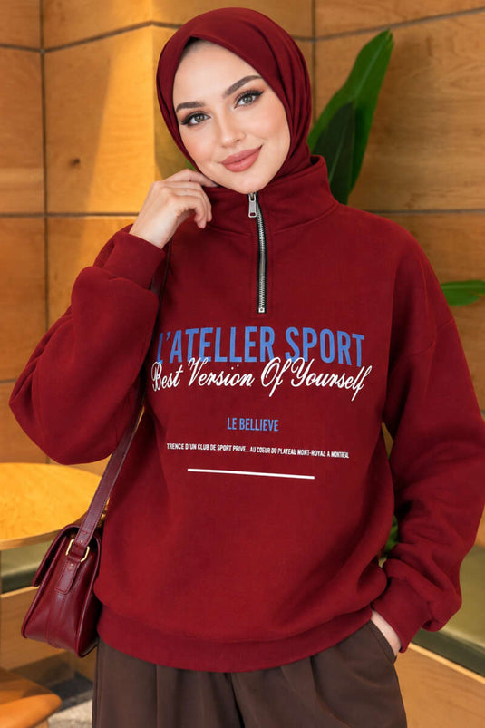 Dreilagiger Bedruckter Sweatshirt Mit Reißverschluss Burgund