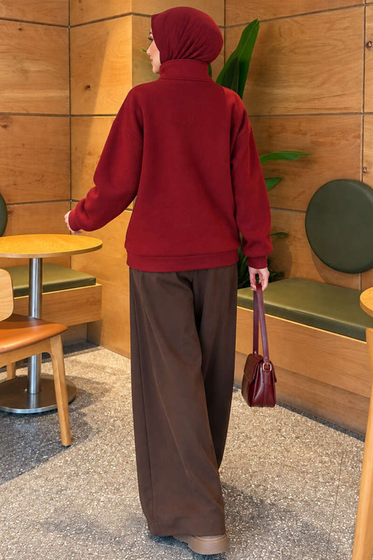Dreilagiger Bedruckter Sweatshirt Mit Reißverschluss Burgund