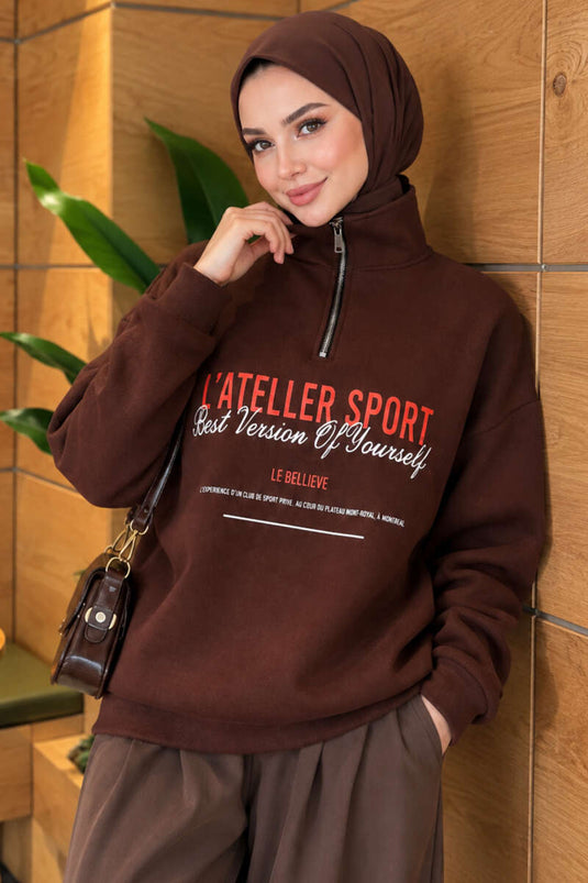 Zippered Three-Ply Printed Sweatshirt In Coffee