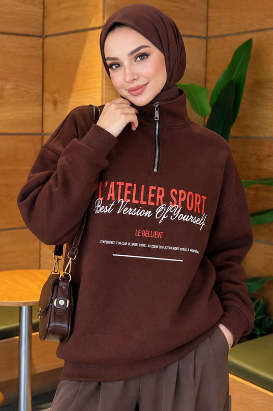 Zippered Three-Ply Printed Sweatshirt In Coffee