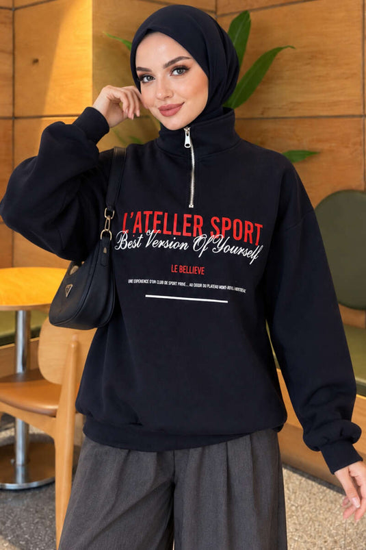 Dreilagiger Bedruckter Sweatshirt Mit Reißverschluss Marineblau