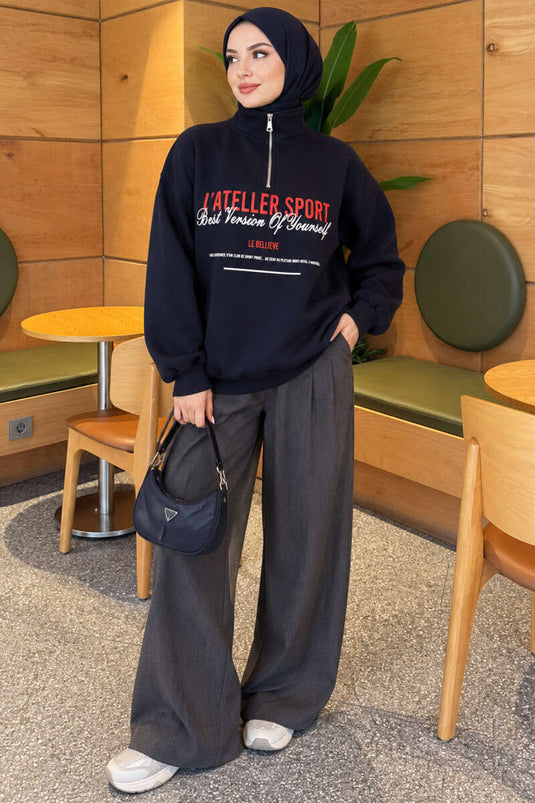 Dreilagiger Bedruckter Sweatshirt Mit Reißverschluss Marineblau