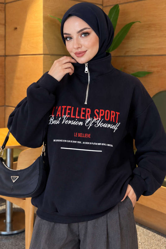 Dreilagiger Bedruckter Sweatshirt Mit Reißverschluss Marineblau