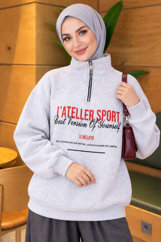 Zippered Three-Ply Patterned Sweatshirt In Melange Grey