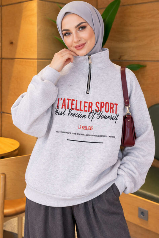 Zippered Three-Ply Patterned Sweatshirt In Melange Grey