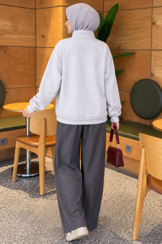 Zippered Three-Ply Patterned Sweatshirt In Melange Grey