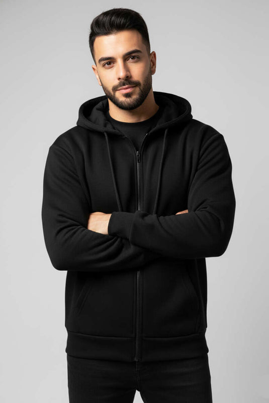 Fermuarlı Üç İplik Erkek Sweatshirt Siyah