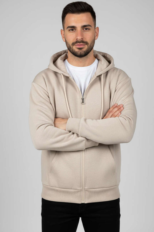 Fermuarlı Üç İplik Erkek Sweatshirt Taş