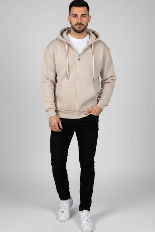 Fermuarlı Üç İplik Erkek Sweatshirt Taş