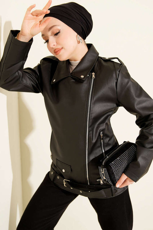 Fermuarlı Uzun Deri Ceket Siyah