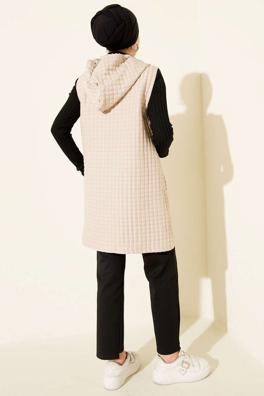 Long Quilted Vest with Zipper, Beige