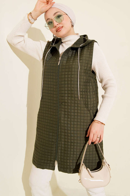 Long Quilted Vest with Zipper, Khaki
