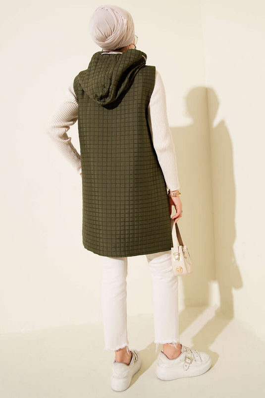 Long Quilted Vest with Zipper, Khaki