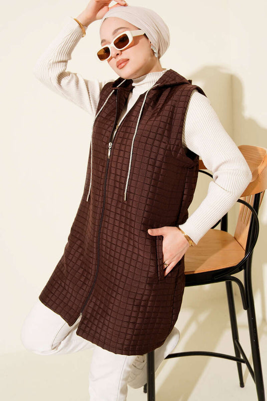Long Quilted Vest with Zipper, Brown