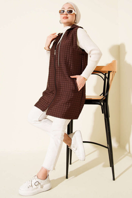 Long Quilted Vest with Zipper, Brown