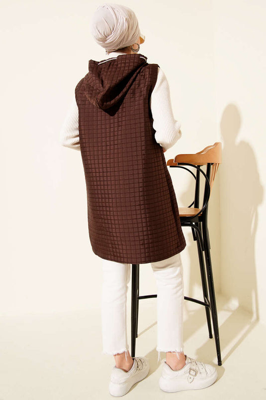 Long Quilted Vest with Zipper, Brown