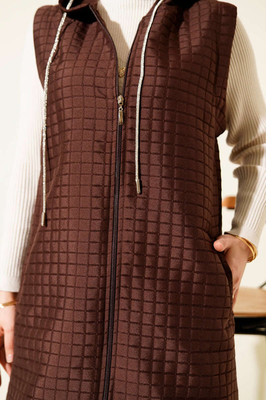 Long Quilted Vest with Zipper, Brown
