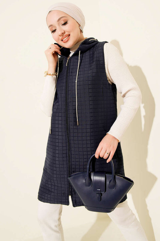 Long Quilted Vest with Zipper, Navy Blue