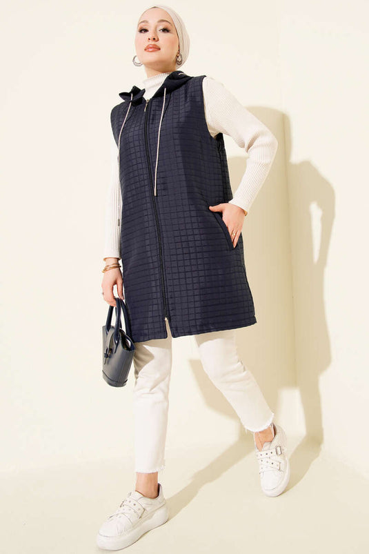 Long Quilted Vest with Zipper, Navy Blue