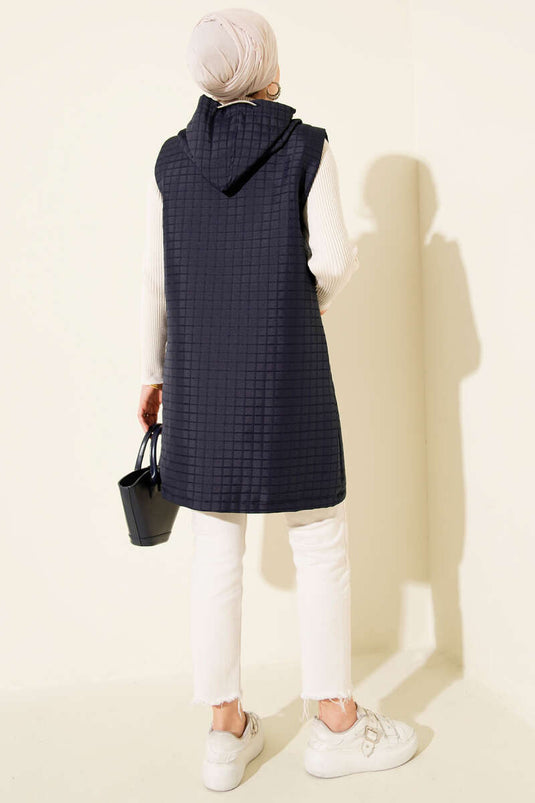 Long Quilted Vest with Zipper, Navy Blue