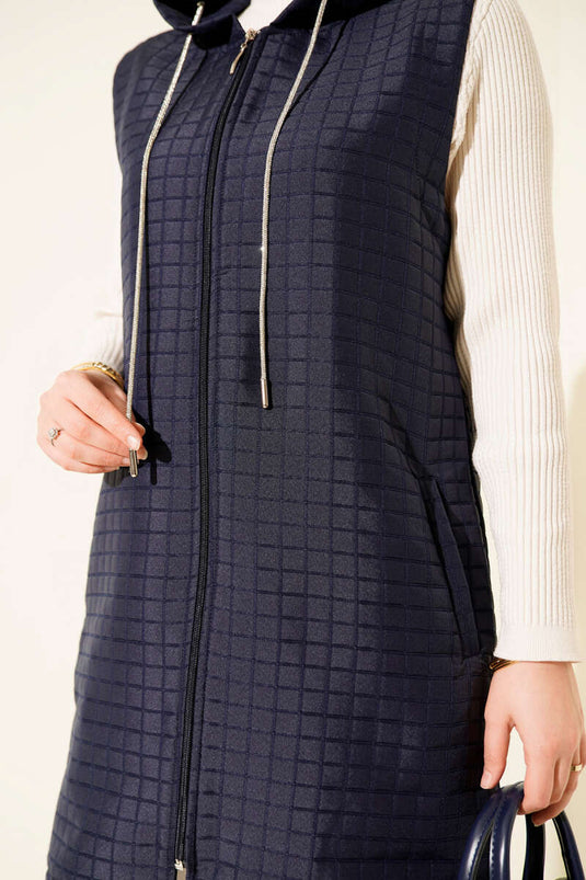 Long Quilted Vest with Zipper, Navy Blue