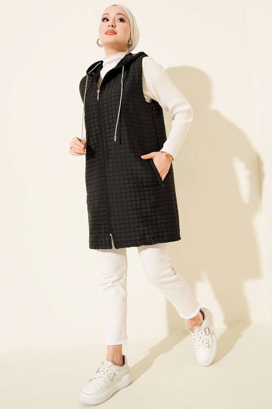 Long Quilted Vest with Zipper, Black