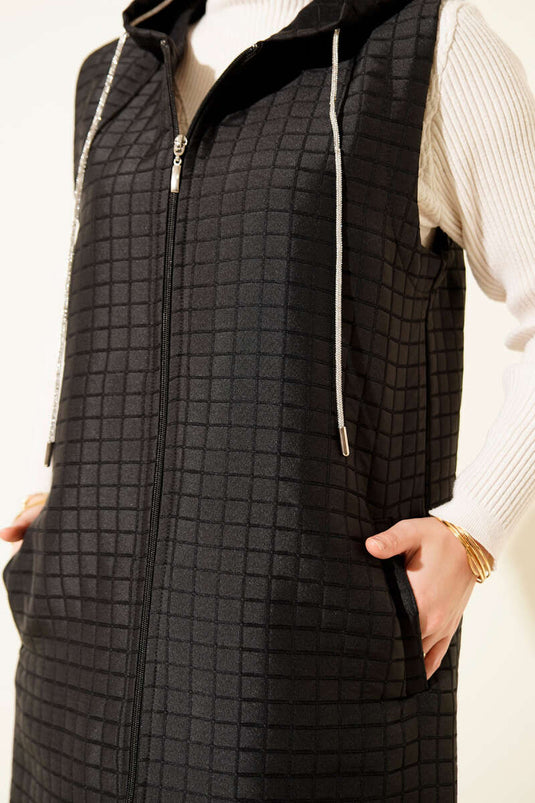 Long Quilted Vest with Zipper, Black